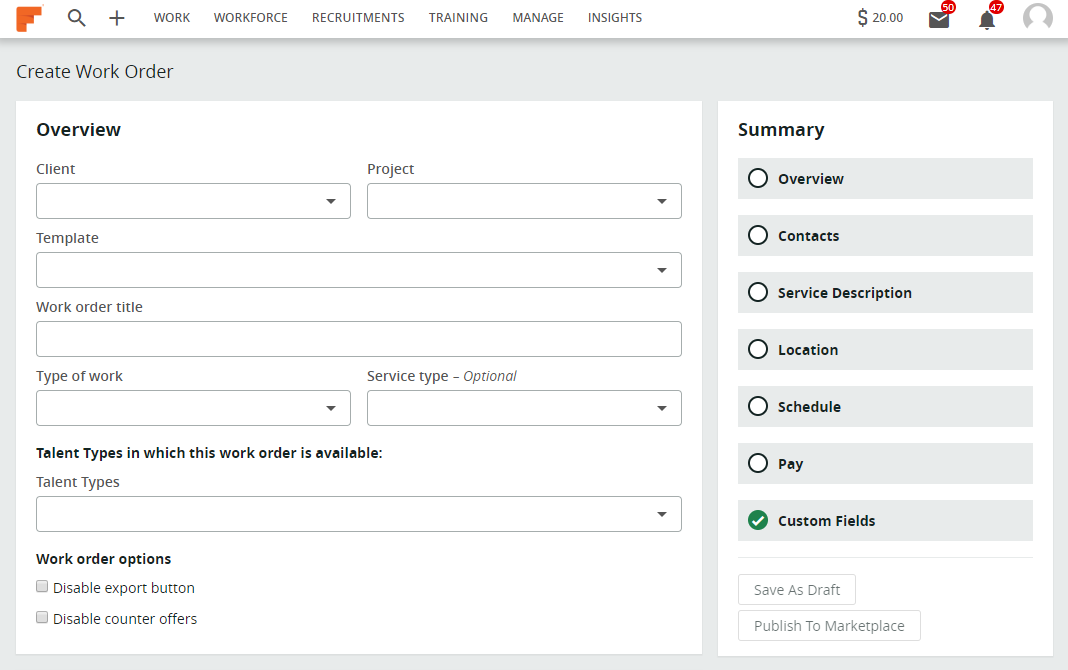 work order overview new work order page