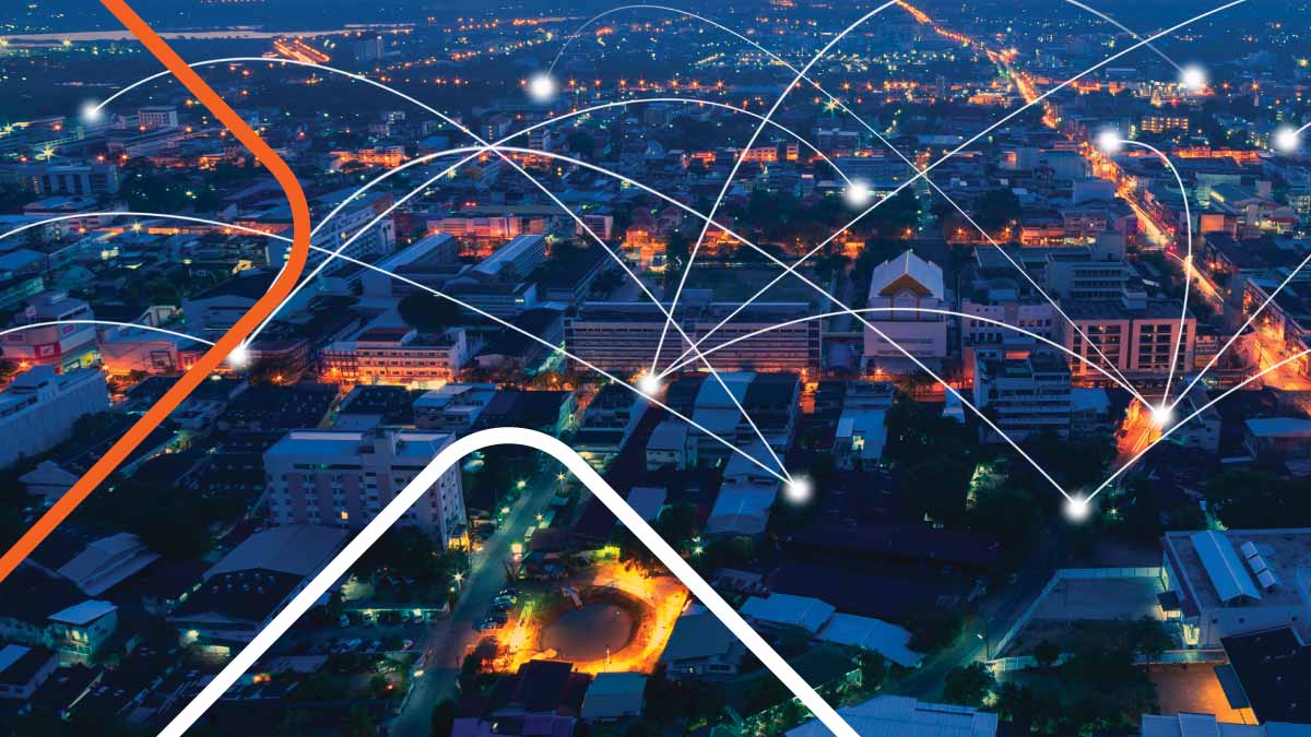 Overhead view of city with start and end points and lines connecting them.