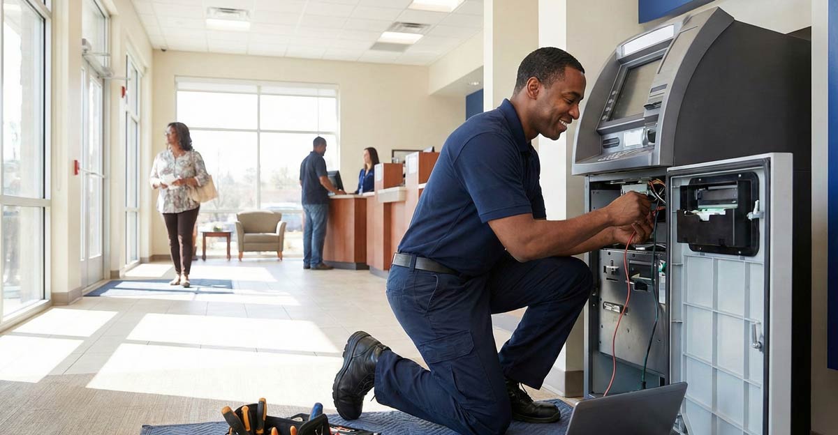 Male technician working on an ATM in a bank branch.