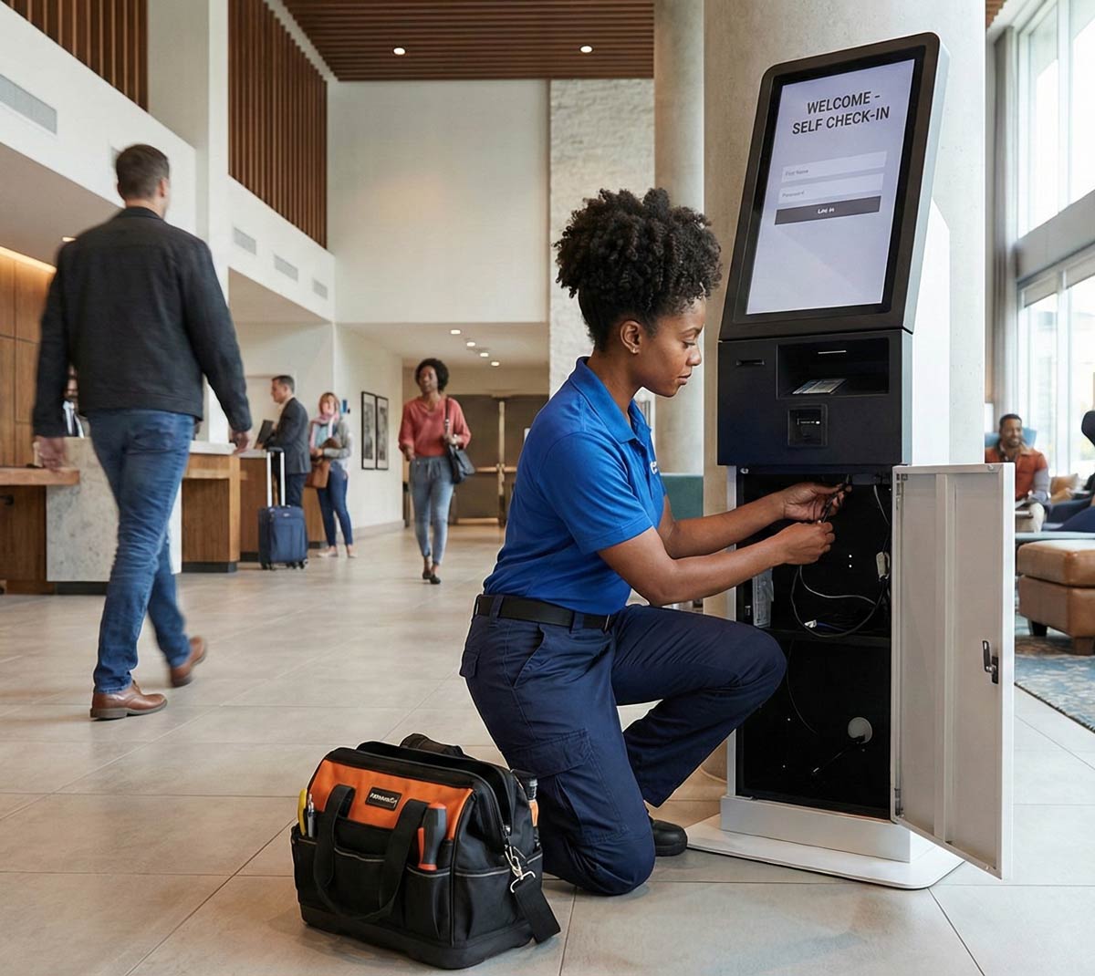 Female technician installing self check-in kiosk in hotel lobby.