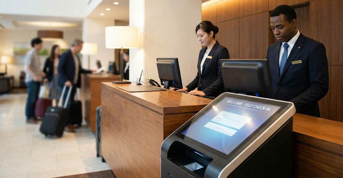 Hotel lobby with workers and self check-in technology.