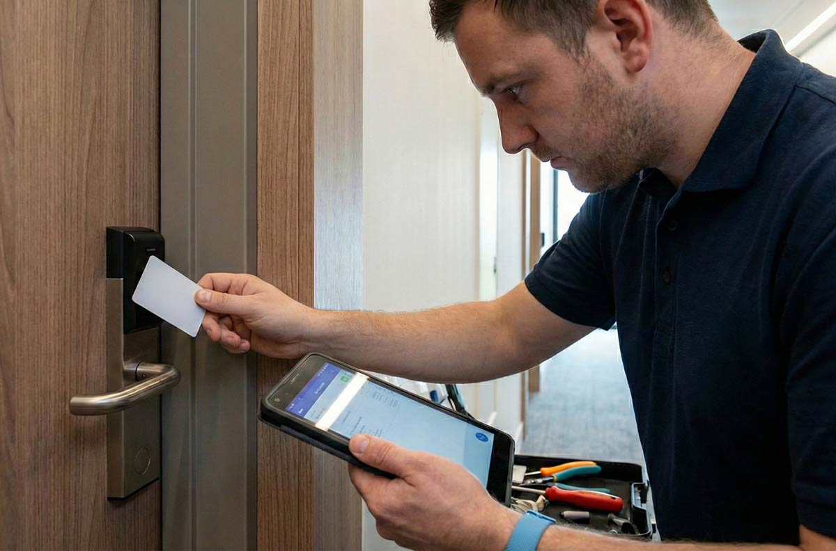 Male technician installing key card access on guest room door in hotel.
