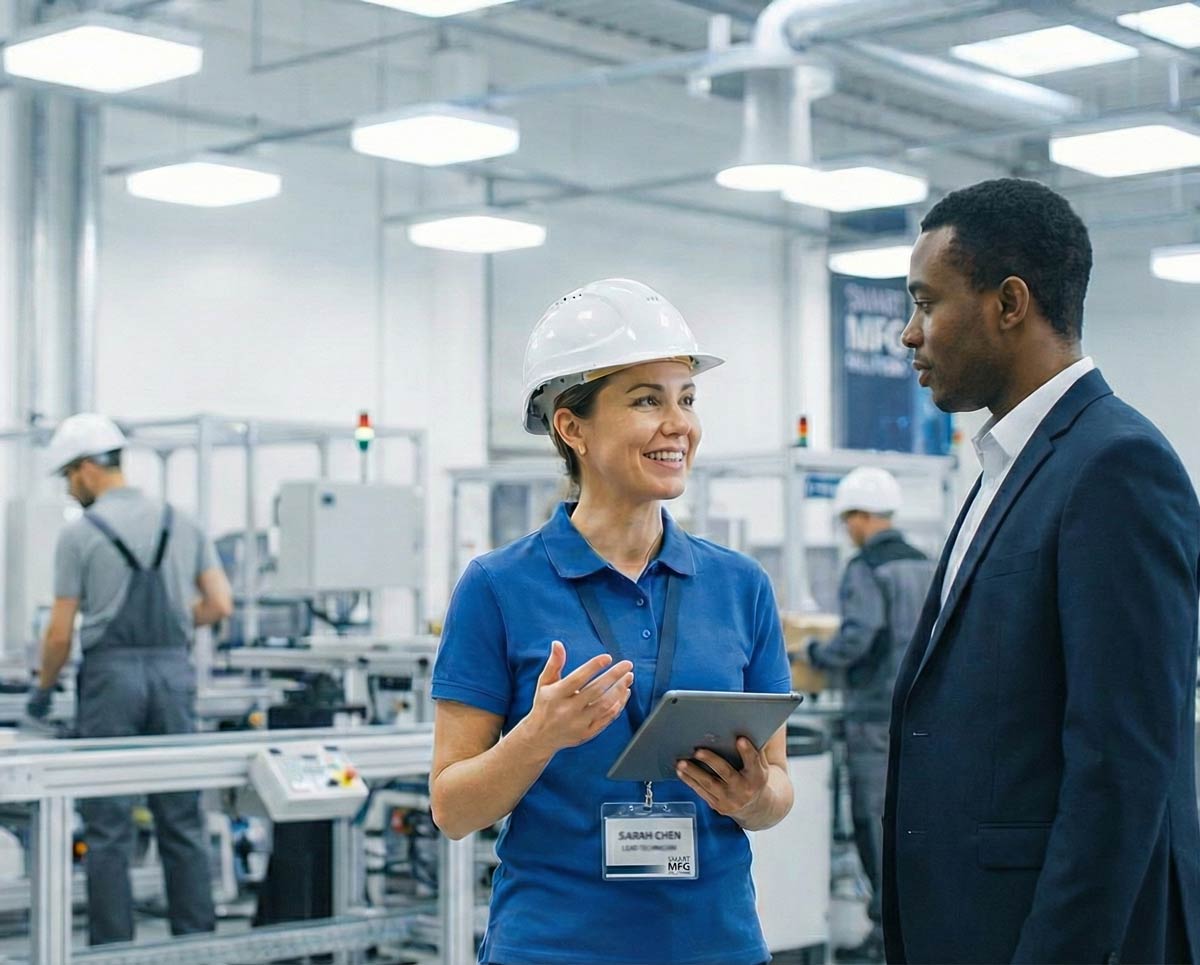 Technician and site manager talking on manufacturing floor