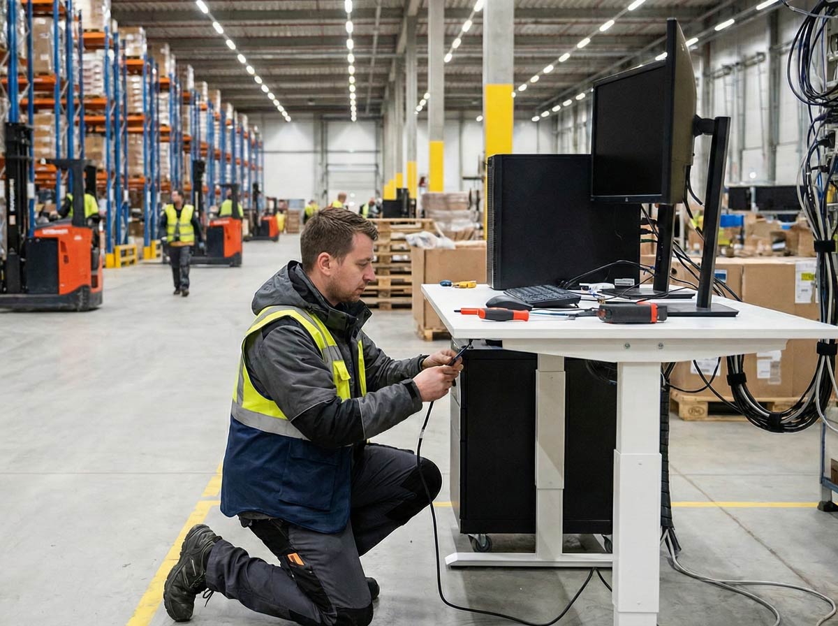 IT technician installing a warehouse workstation