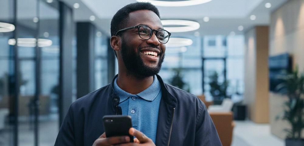 Technician holding smartphone