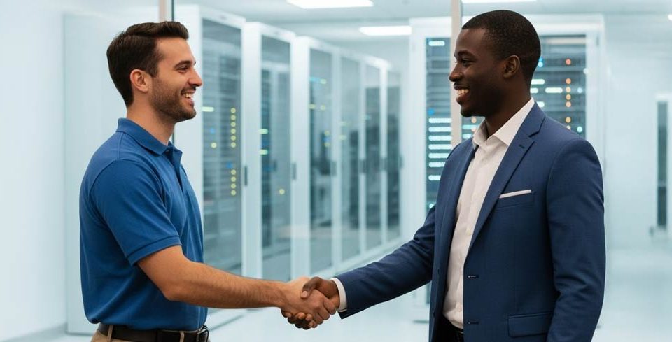 Technician and on-site personnel shaking hands